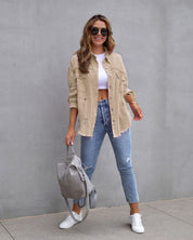 Damesjas denim beige met scheuren front view