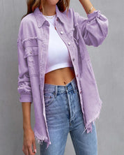 Lila verscheurd denim jasje met franjes front view