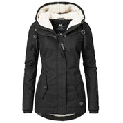 Dames winterjas zwart met capuchon en details zijkant