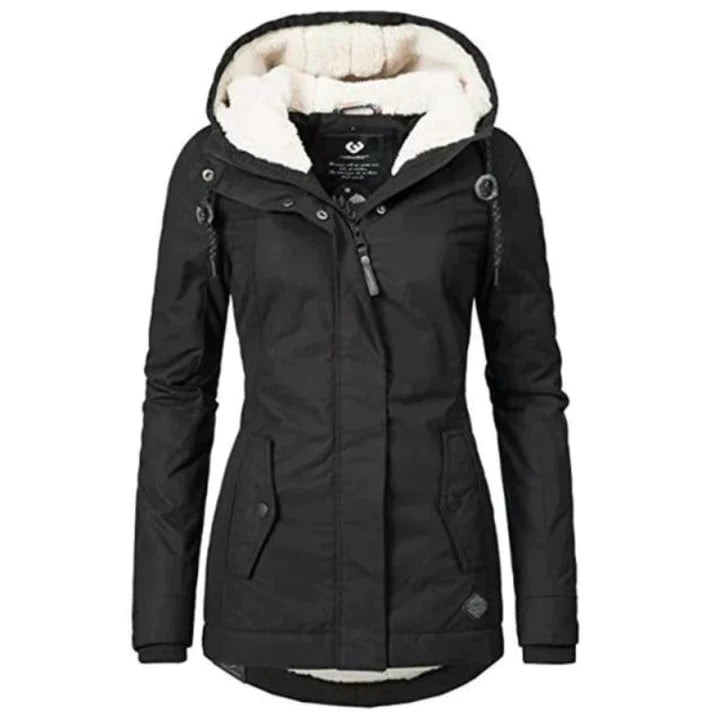 Dames winterjas zwart met capuchon en details zijkant