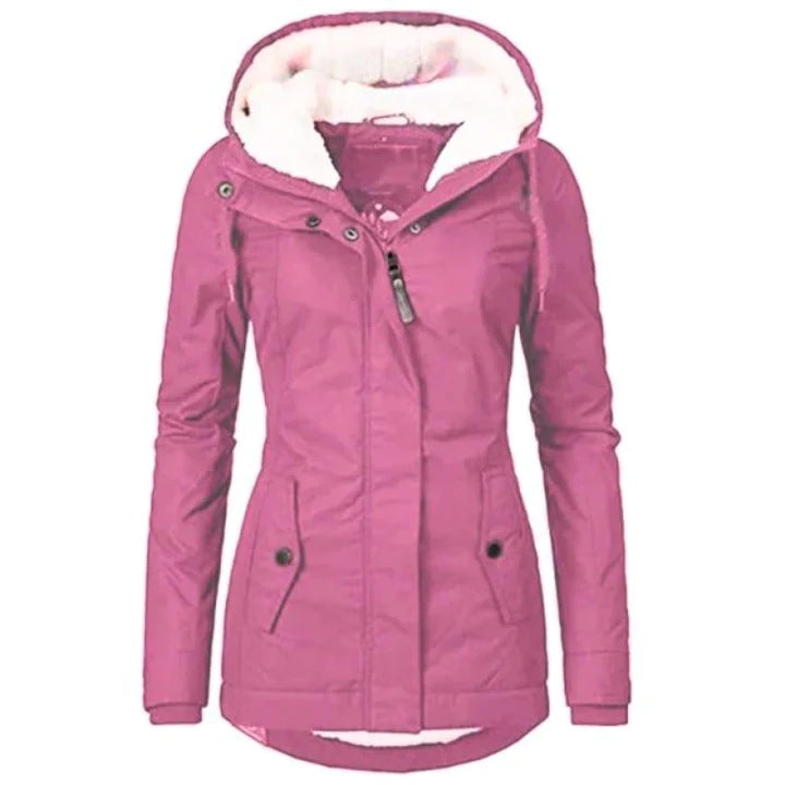 Dames winterjas roze met capuchon en rits voorzijde