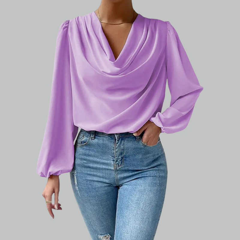 Purple draping blouse with long sleeves front view