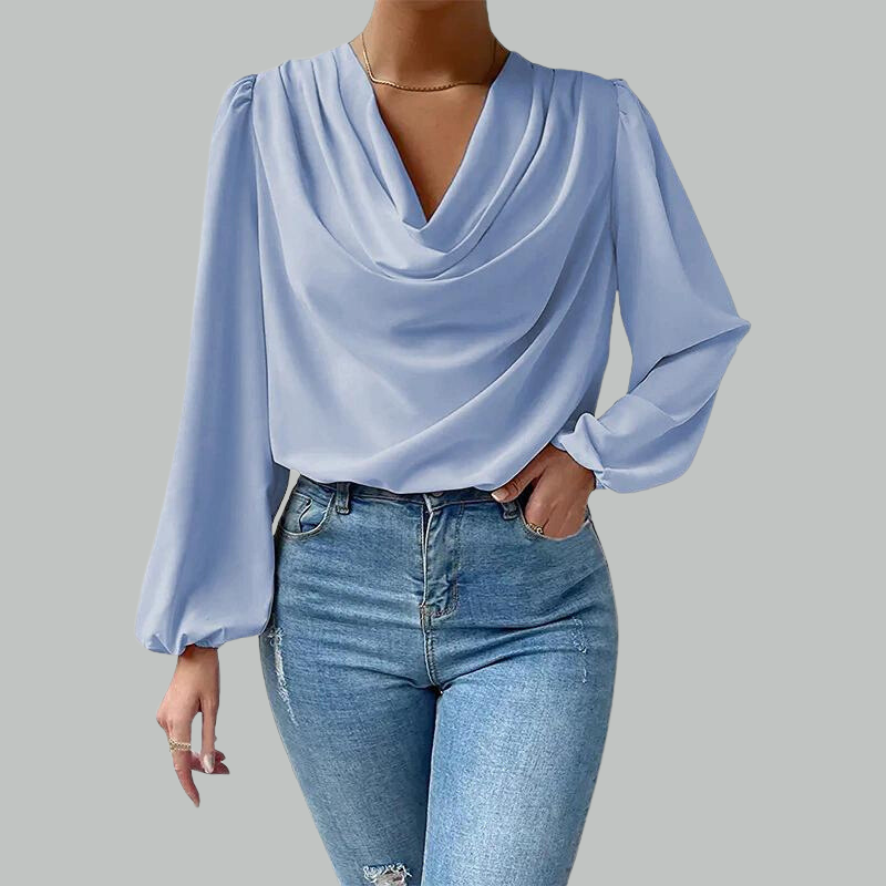 Light blue draping blouse with long sleeves front view