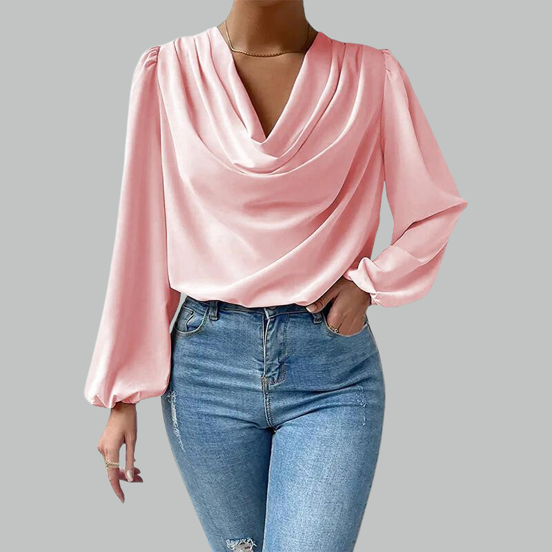 Pink draping blouse with long sleeves front view