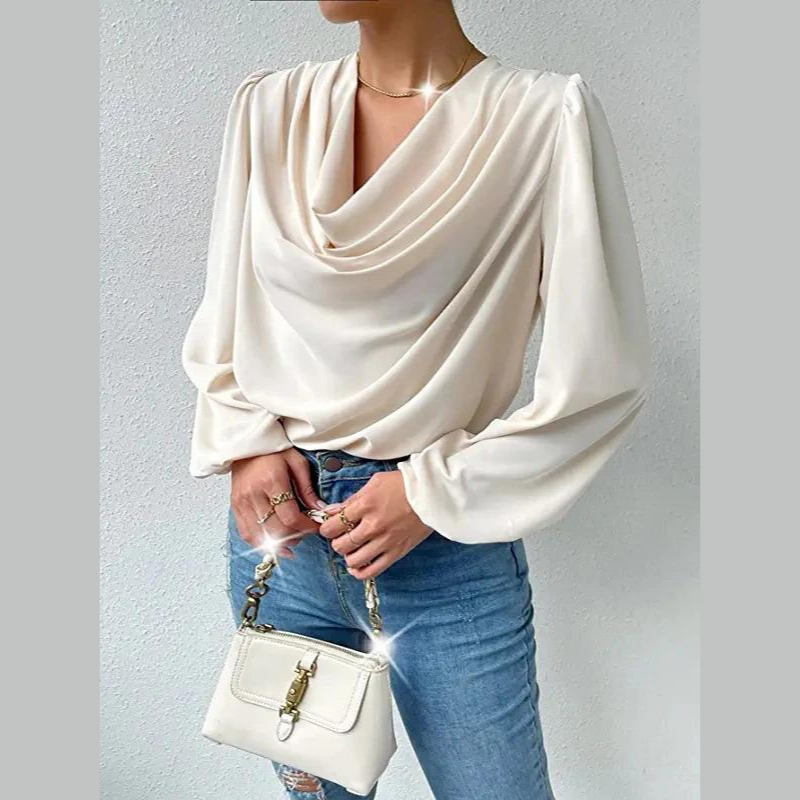 Cream draping blouse with long sleeves front view