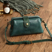 Green leather crossbody bag front view