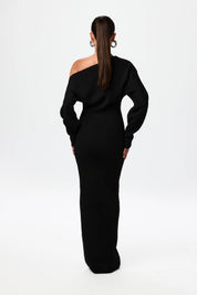 Black knit maxi dress off-the-shoulder back view
