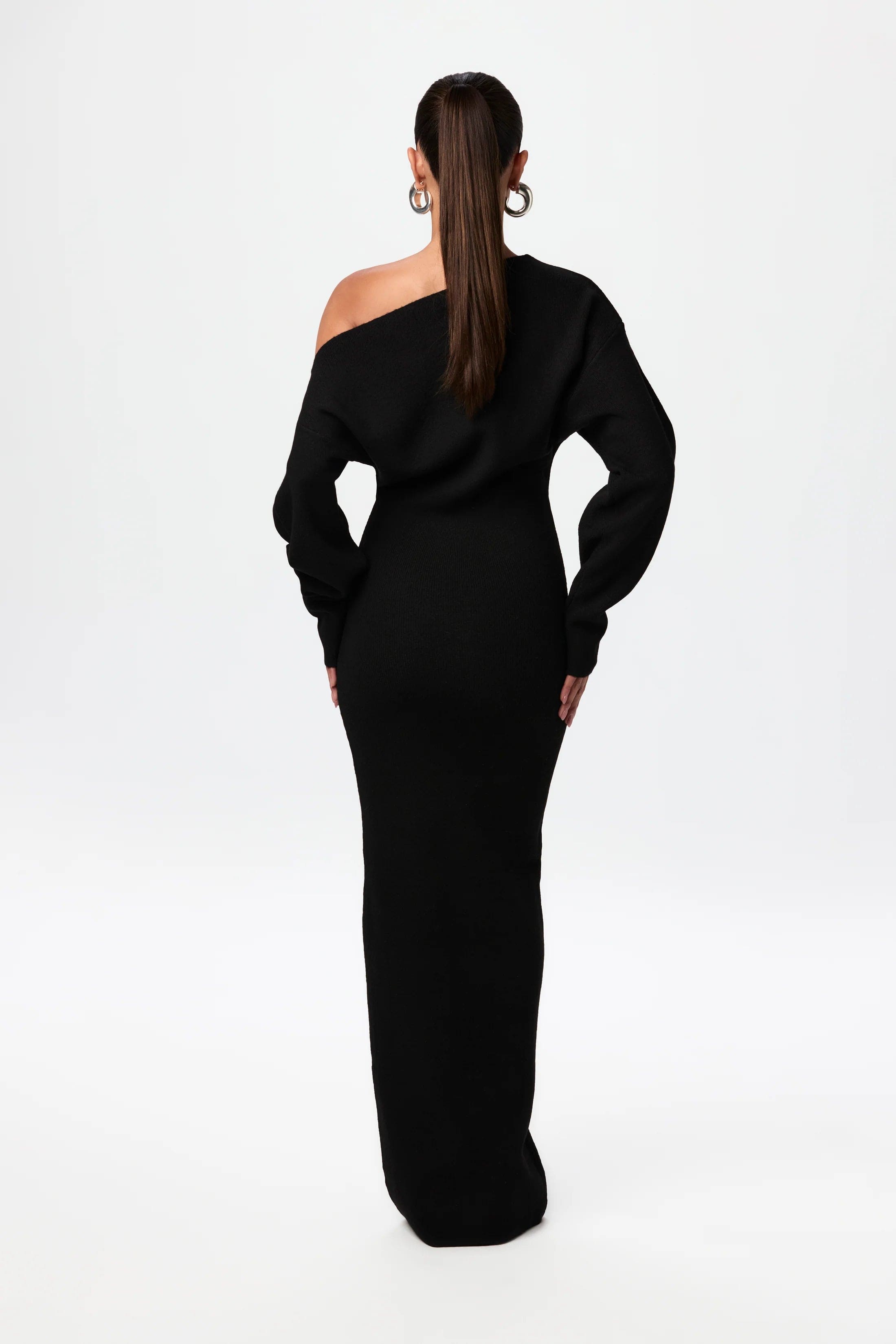 Black knit maxi dress off-the-shoulder back view