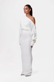 White knit maxi dress off-the-shoulder side view