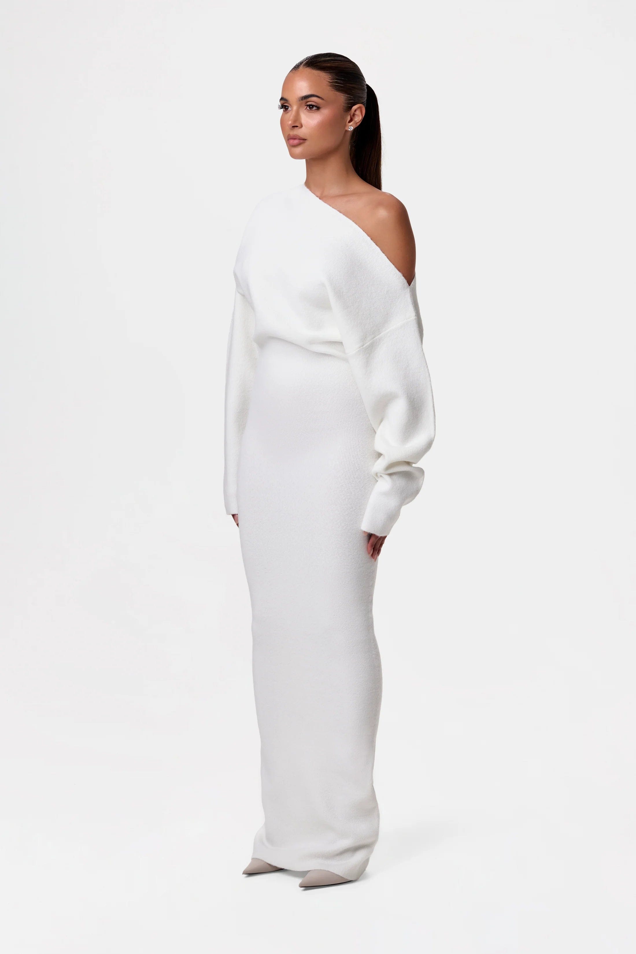 White knit maxi dress off-the-shoulder side view