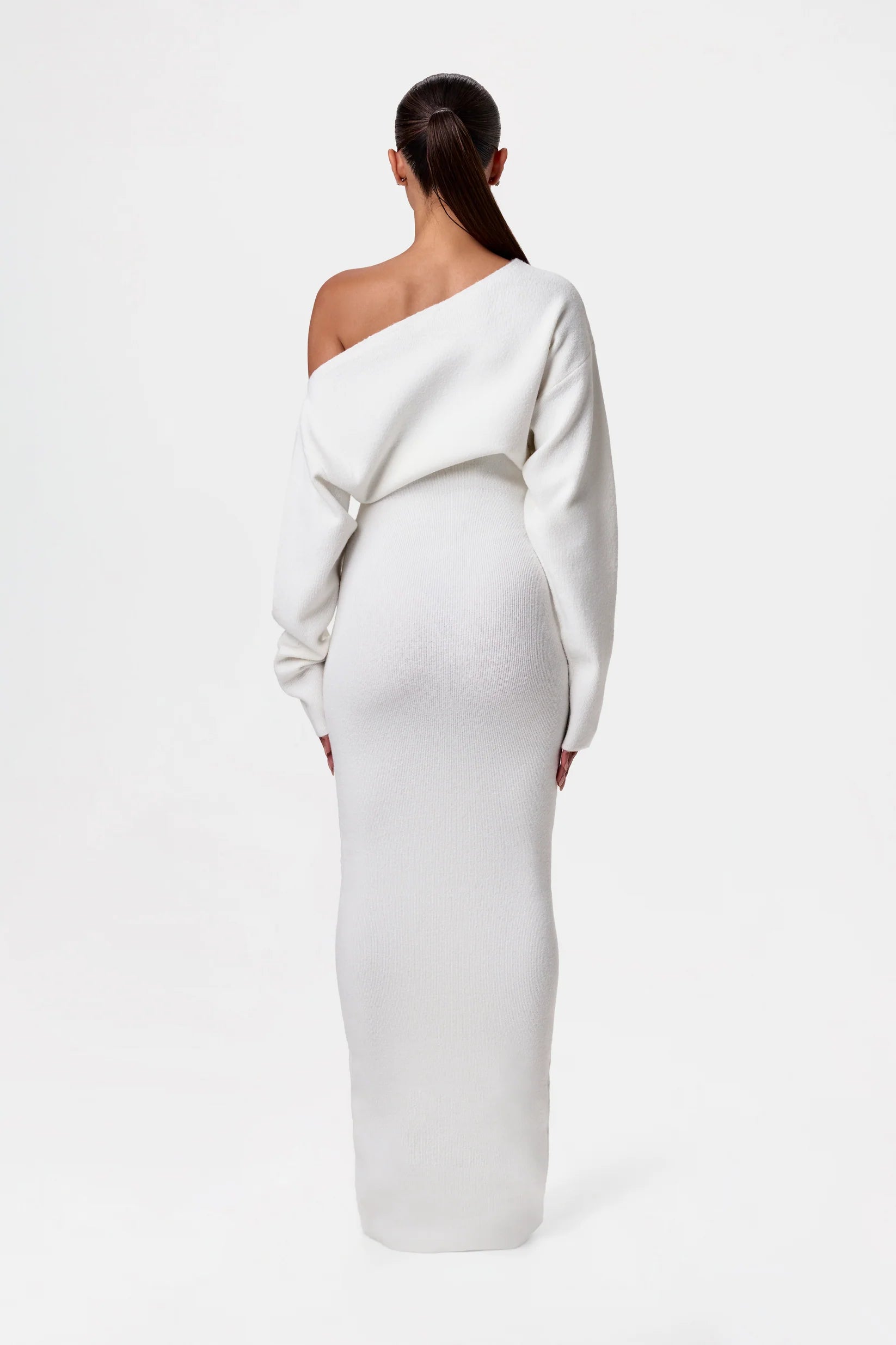 White knit maxi dress off-the-shoulder back view