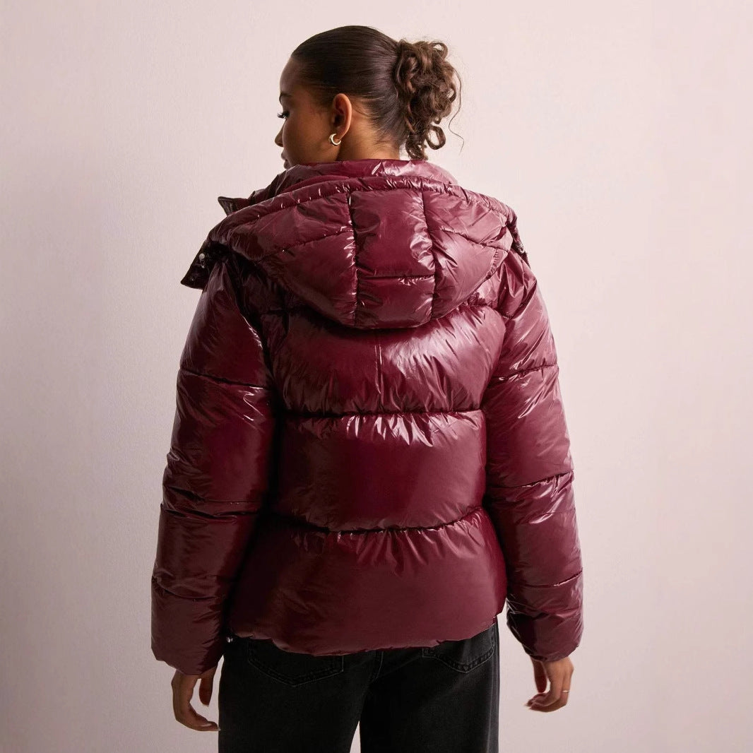 Dames Glanzende Lichtgewicht Pufferjas met Afneembare Capuchon