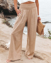 Zomerpants katoen-linnen hoge taille beige front view