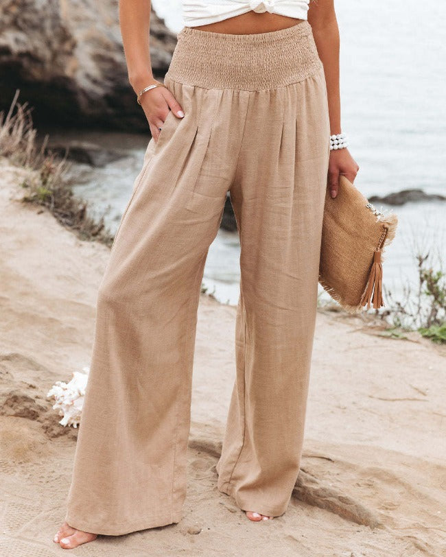 Zomerpants katoen-linnen hoge taille beige front view