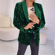 Green sequin blazer with green lapel, mirror selfie