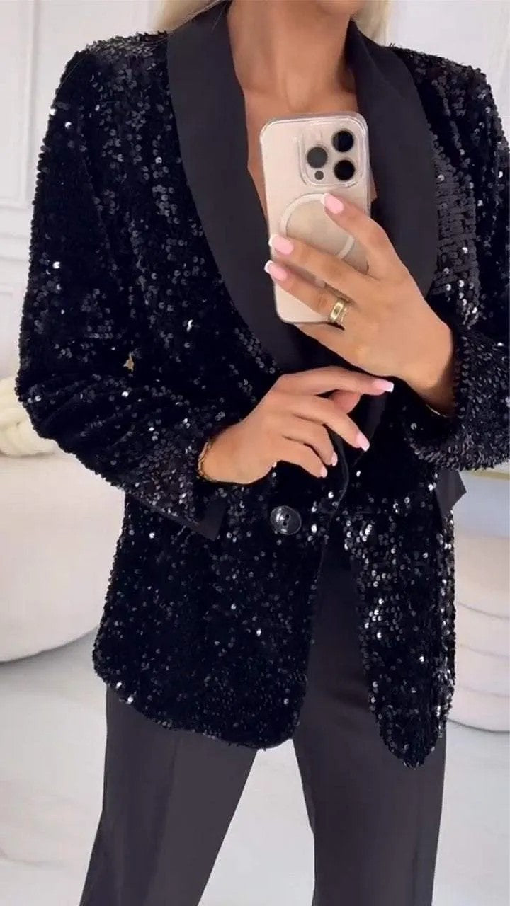 Black sequin blazer with black lapel, mirror selfie
