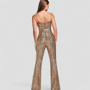 Gold sequin jumpsuit with flared pants back view
