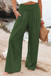 Zomerbroek groen katoen-linnen hoge taille detail shot