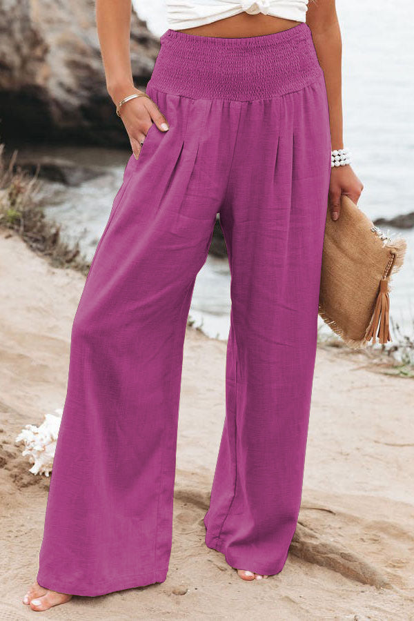 Zomerpants roze met hoge taille en zakken, zijaanzicht