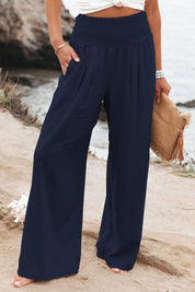 Zomerpants blauw met hoge taille en zakken vooruitschot