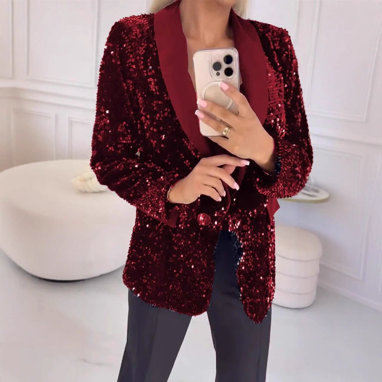 Red sequin blazer with red lapel, mirror selfie