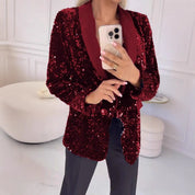Red sequin blazer with red lapel, mirror selfie