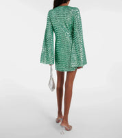 Mini jurk met glitter in groen, V-hals en wijde mouwen, rugweergave