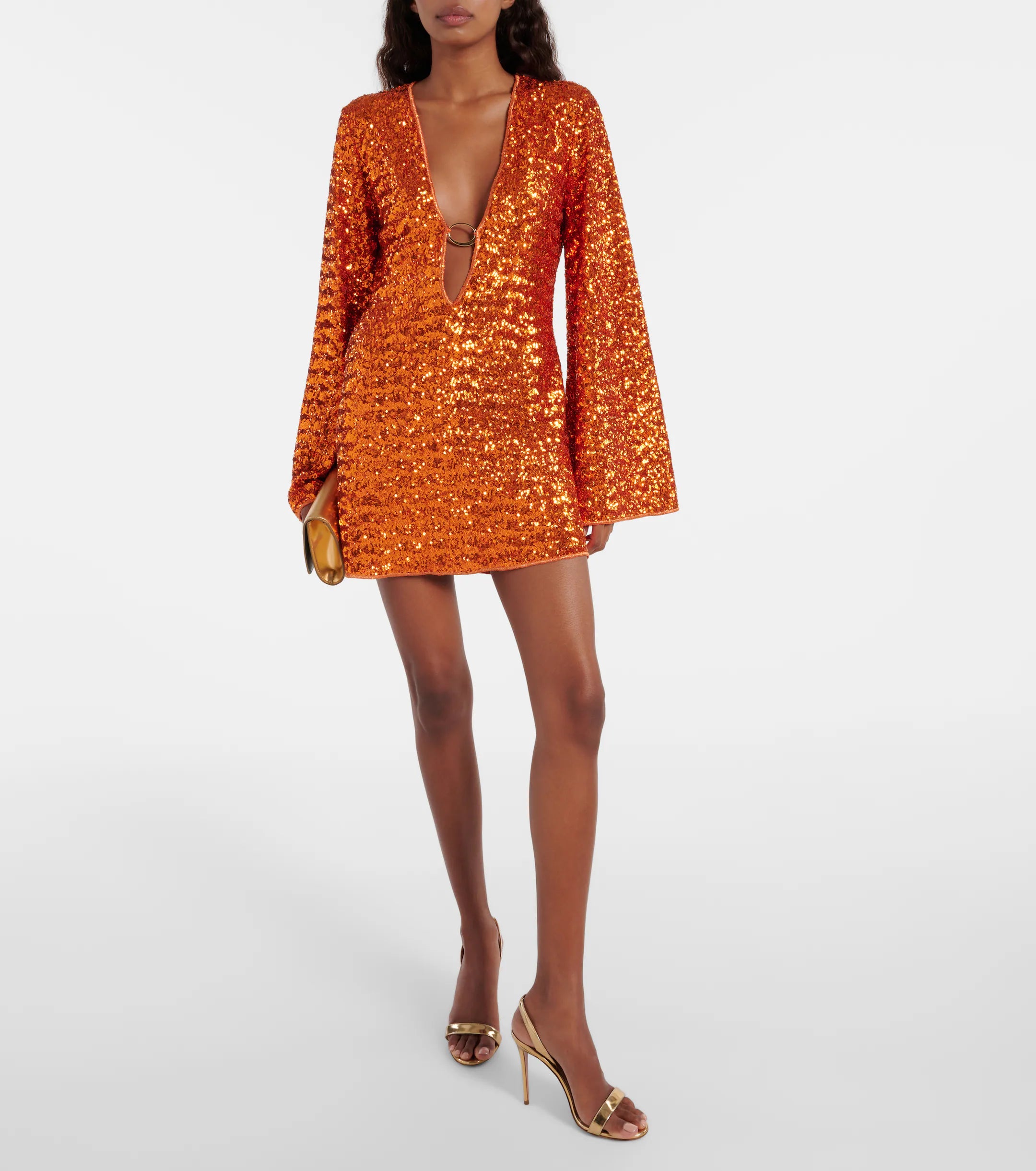 Mini jurk met glitter oranje V-hals en wijde mouwen front view