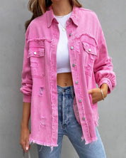 Rafelig denim jasje roze vooruitschouw