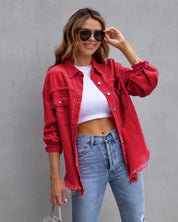 Rode verscheurd denim jasje met franjes front view