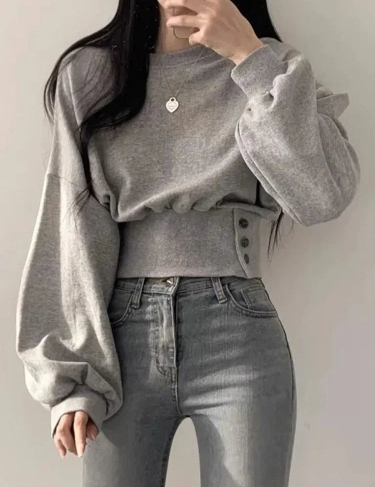 Grijze hoodie met knoopdetails en lange mouwen front view