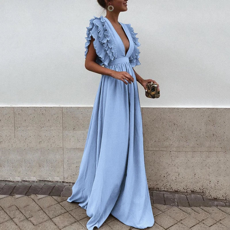 Maxi dress light blue with ruffled sleeves front view