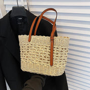 Woven cross-stitch tote bag beige front view with model