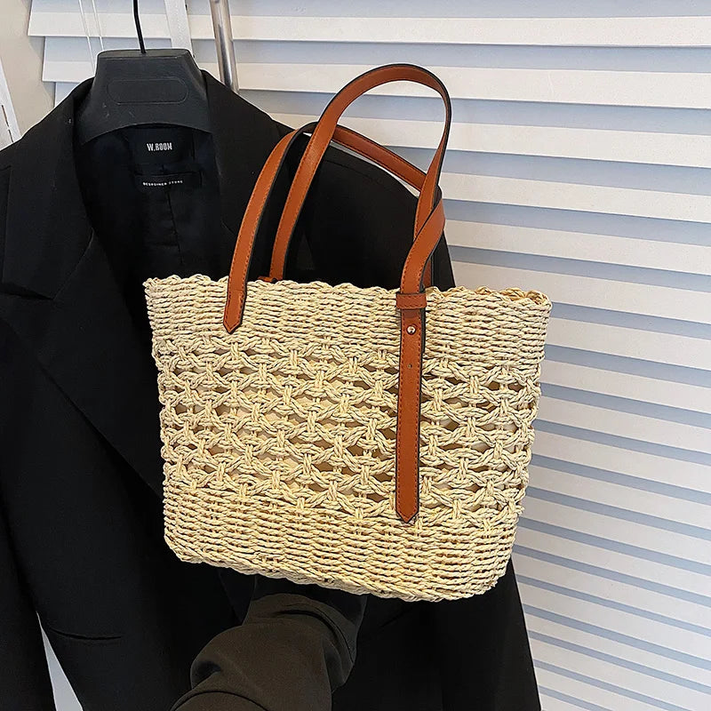 Woven cross-stitch tote bag beige front view with model