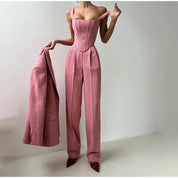 Strakke grijze herringbone set: corsettop + wijde broek – jouw powerlook voor kantoor en avond