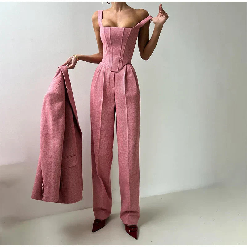 Strakke grijze herringbone set: corsettop + wijde broek – jouw powerlook voor kantoor en avond
