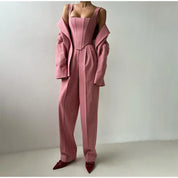 Strakke grijze herringbone set: corsettop + wijde broek – jouw powerlook voor kantoor en avond