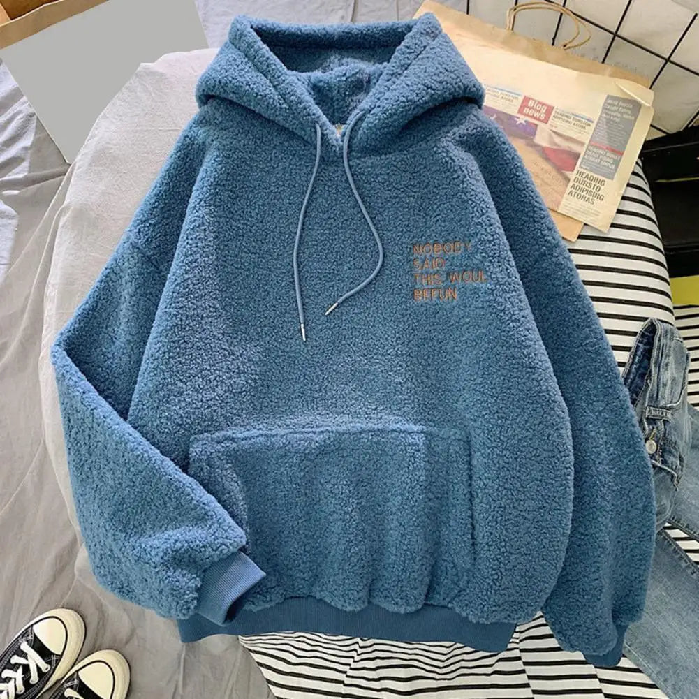 Blauwe teddyhoody fleece materiaal voorzijde