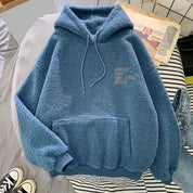 Blauwe teddyhoody fleece materiaal voorzijde