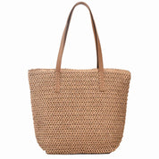 Woven straw tote bag beige front view on white background