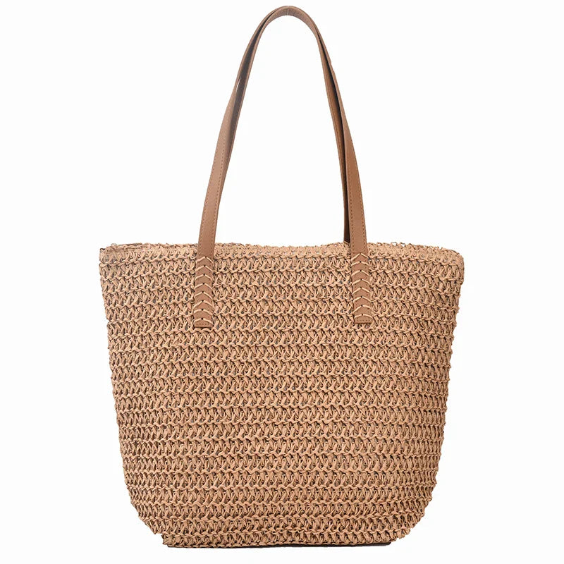 Woven straw tote bag beige front view on white background
