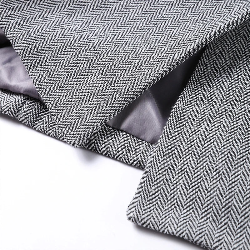 Strakke grijze herringbone set: corsettop + wijde broek – jouw powerlook voor kantoor en avond
