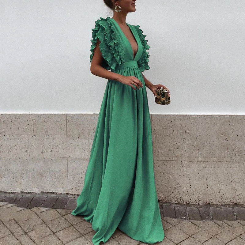Maxi dress emerald green with ruffled sleeves front view