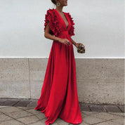 Maxi dress red with ruffled sleeves front view