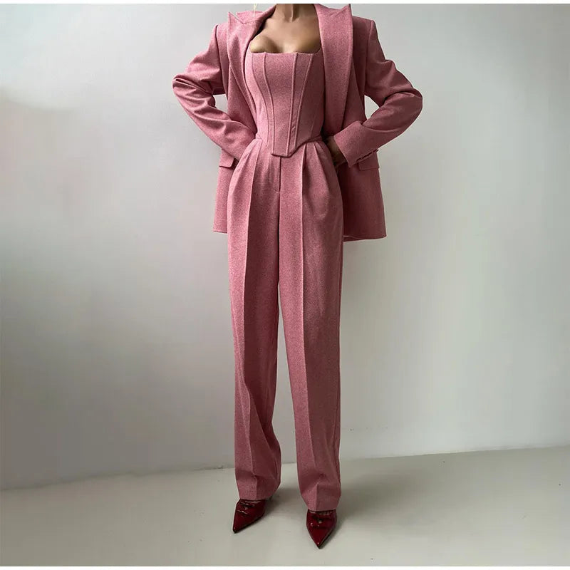 Pink herringbone suit with blazer and wide pants front view