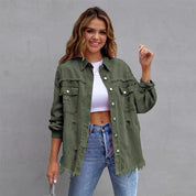 Oversized denim jack groen met rafels en knopen front view