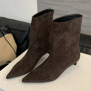 Suede ankle boots brown pointed toe back view