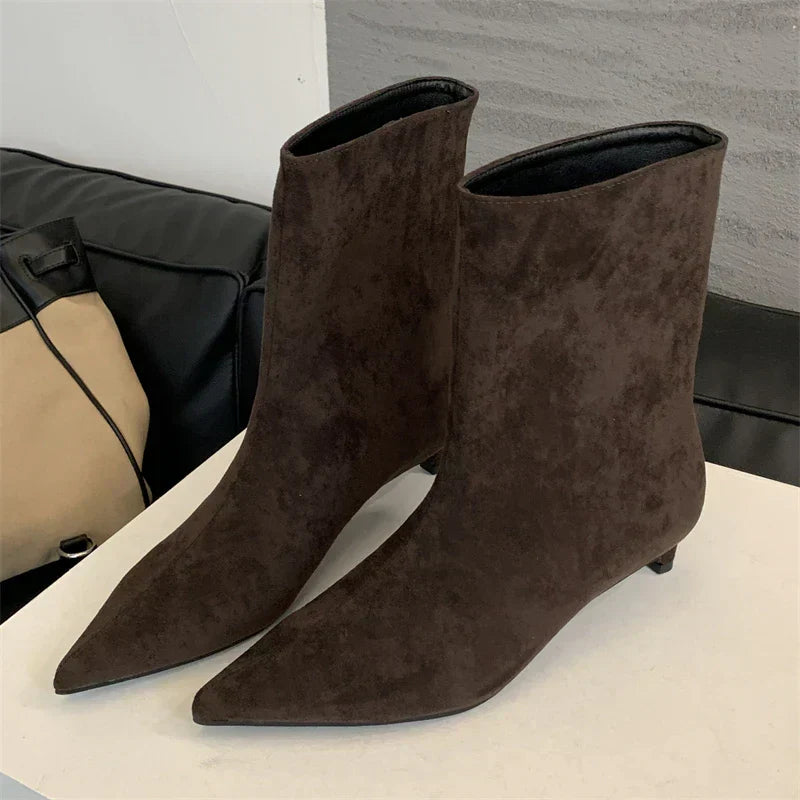 Suede ankle boots brown pointed toe back view