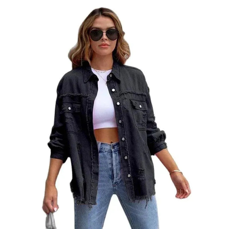 Casual denim jack zwart oversized front view