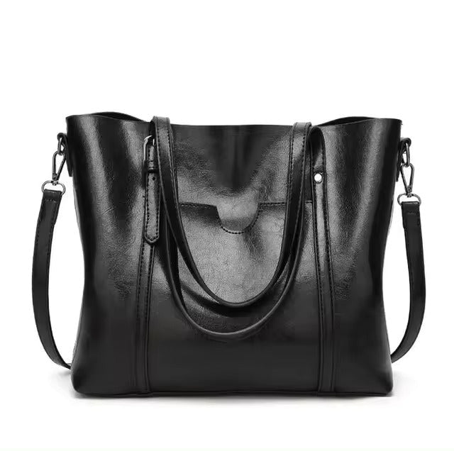Black faux leather tote bag front view
